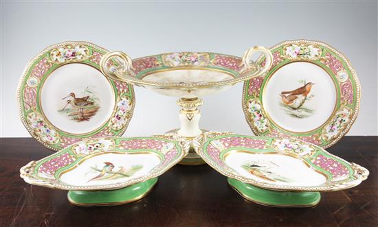 An English porcelain seventeen piece ornithological dessert service